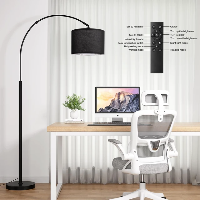 Alt view image 3 of 7 - Dimmable Arc Floor Lamp with Remote, Color Temperatures Adjustable Rotating Head, Foot Switch & Remote, Arched Floor Lamp for Living Room Bedroom Office, Over Couch Arched Light, Black & Black