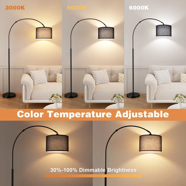 Alt view image 4 of 7 - Dimmable Arc Floor Lamp with Remote, Color Temperatures Adjustable Rotating Head, Foot Switch & Remote, Arched Floor Lamp for Living Room Bedroom Office, Over Couch Arched Light, Black & Black