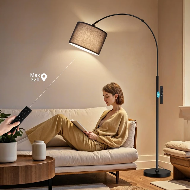 Alt view image 6 of 7 - Dimmable Arc Floor Lamp with Remote, Color Temperatures Adjustable Rotating Head, Foot Switch & Remote, Arched Floor Lamp for Living Room Bedroom Office, Over Couch Arched Light, Black & Black