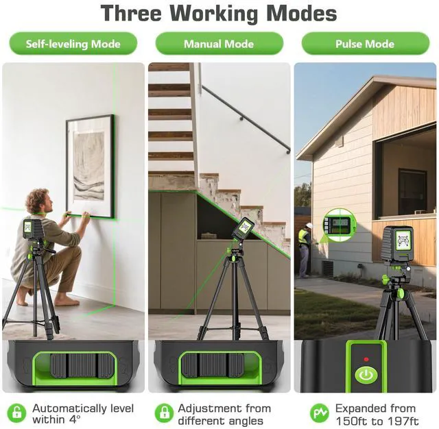 Alt view image 6 of 7 - Laser Level and 60in Tripod, 150°/150Ft Laser Level with Pulse Mode Self Leveling Lazer Leveler Tool Switchable Green Cross Line for Picture Hanging, Tile, DIY / Construction Project