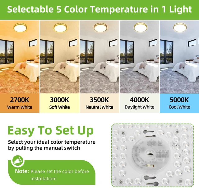 Alt view image 2 of 7 - 16 inch Dimmable LED Flush Mount Ceiling Light Fixture,36W,2200LM 2.7/3/3.5/4K/5K Adjustbale,120°Light Angle,CRI90,Ceiling Lamp for Bedroom,Kitchen,Office,Bathroom,ETL Listed,Gold