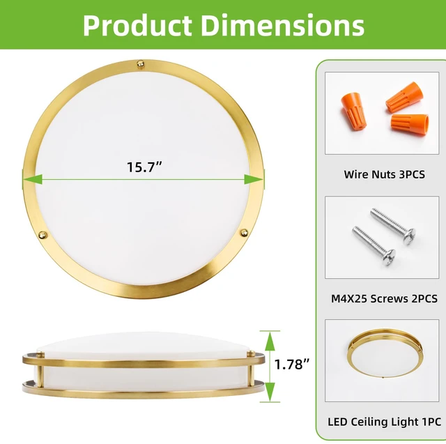Alt view image 4 of 7 - 16 inch Dimmable LED Flush Mount Ceiling Light Fixture,36W,2200LM 2.7/3/3.5/4K/5K Adjustbale,120°Light Angle,CRI90,Ceiling Lamp for Bedroom,Kitchen,Office,Bathroom,ETL Listed,Gold