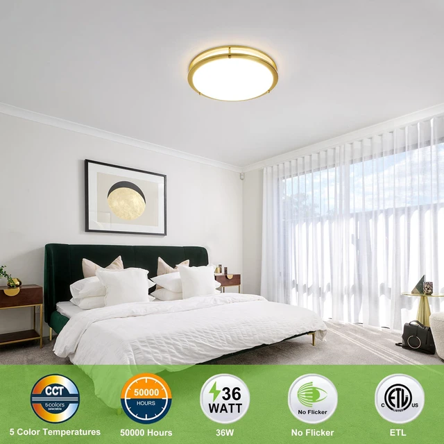 Alt view image 5 of 7 - 16 inch Dimmable LED Flush Mount Ceiling Light Fixture,36W,2200LM 2.7/3/3.5/4K/5K Adjustbale,120°Light Angle,CRI90,Ceiling Lamp for Bedroom,Kitchen,Office,Bathroom,ETL Listed,Gold