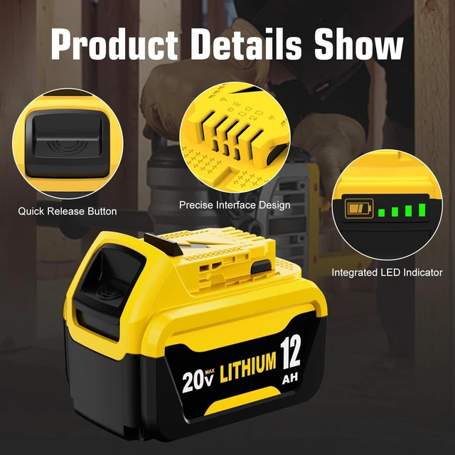 Alt view image 3 of 7 - 4Packs 12000mAh DCB206 Replacement for Dewalt 20v Battery Lithium Compatible with Dewalt 20v Max Battery Compatible with Dewalt Battery 20v DCB201 DCB203 DCB207 DCB204 Power Tools