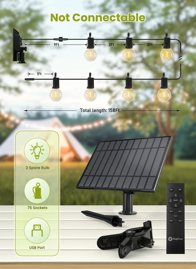 Alt view image 5 of 7 - 158FT Solar String Lights Outdoor, IP65 Waterproof, Remote, Timer Patio Lights with 75 LED Shatterproof Bulbs, 3 Light Modes, Dimmable, Outside Light for Backyard Porch Yard Party Xmas Decor