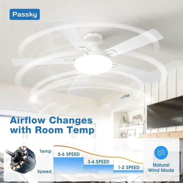 Alt view image 4 of 7 - 52 Inch White Low Profile Ceiling Fans with Lights and Remote Flush mount, 3-color dimmable light, quiet reversible DC motor, easy install, memory, APP, bedroom, covered outdoor areas