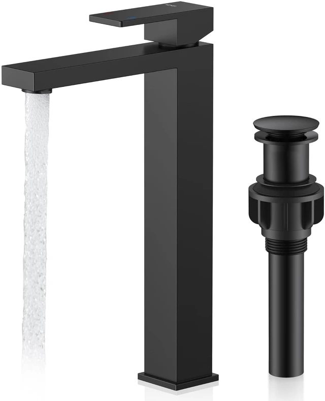 Main image of Matte Black Vessel Sink Faucet Single Hole, Tall Bathroom Sink Faucet Vessel Bowl Faucet with Pop Up Drain & Supply Lines, Lead-Free cUPC & NSF Certified, 1 Hole Faucet for Vanity RV Restroom