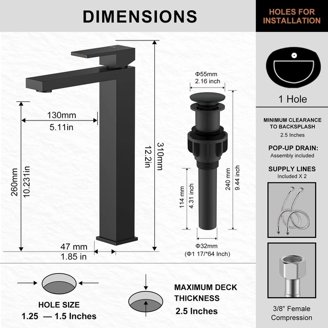 Alt view image 6 of 7 - Matte Black Vessel Sink Faucet Single Hole, Tall Bathroom Sink Faucet Vessel Bowl Faucet with Pop Up Drain & Supply Lines, Lead-Free cUPC & NSF Certified, 1 Hole Faucet for Vanity RV Restroom