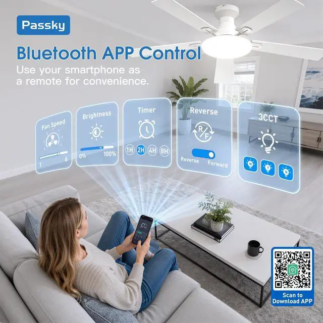 Alt view image 5 of 7 - 52 Inch White Low Profile Ceiling Fans with Lights and Remote Flush mount, 3-color dimmable light, quiet reversible DC motor, easy install, memory, APP, bedroom, covered outdoor areas