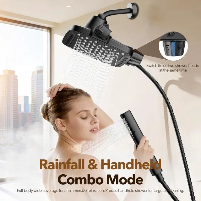 Alt view image 2 of 7 - High Pressure Rain Shower Head with Handheld Spray Matte Black 7 Modes Dual Shower Head, 10-inch Rainfall Showerheads Combo, Detachable Hand Held Shower Wand, Power Jets, 71" Shower Hose