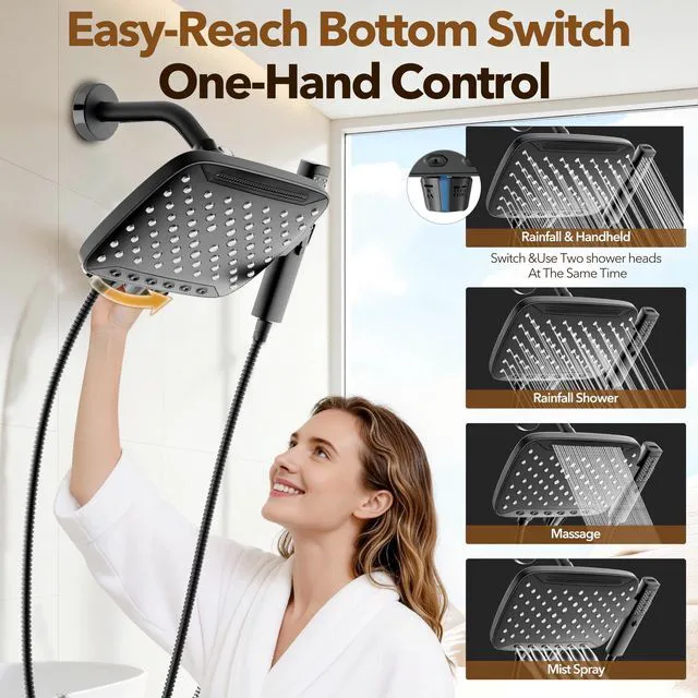 Alt view image 4 of 7 - High Pressure Rain Shower Head with Handheld Spray Matte Black 7 Modes Dual Shower Head, 10-inch Rainfall Showerheads Combo, Detachable Hand Held Shower Wand, Power Jets, 71" Shower Hose