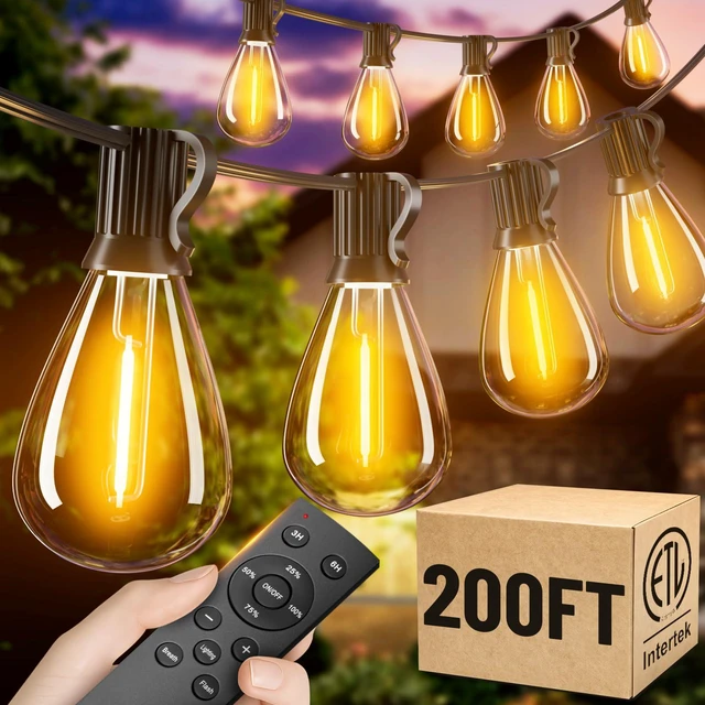 Main image of 200FT Outdoor String Lights with Remote, Waterproof Patio Lights with 72+2 Shatterproof LED Bulbs,Dimmable Hanging Decor for Backyard Garden Porch Bistro, Timer & 3 Modes,2200K Warm White