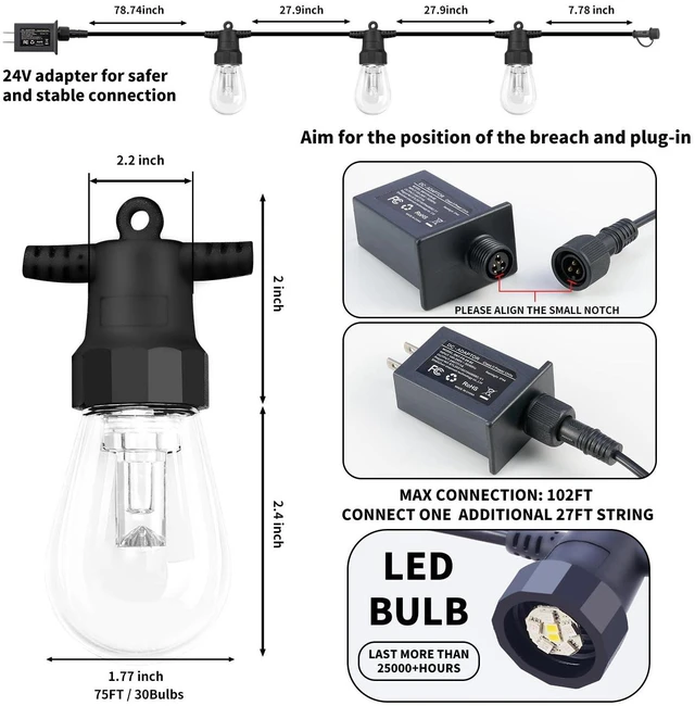 Alt view image 6 of 7 - Outdoor String Lights 75FT, Color Changing Patio Lights, Waterproof 30 Shatterproof LED Bulbs, Multicolor & Warm White, Dimmable, IP67 Waterproof, APP & Remote, Custom Colors, 24V Low Voltage