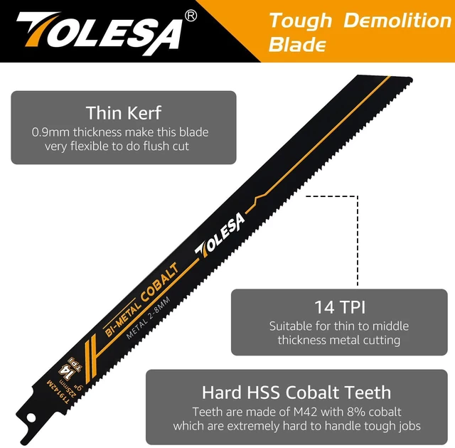 Alt view image 2 of 6 - Bi-Metal Reciprocating Saw Blades, 9" 14TPI, Heavy Metal, 25-Pack Bi-Metal with 8% Cobalt, 14TPI Precision-Set Teeth, 0.9mm Thin Wall, Cuts Sheet Metal, Pipes, Rebar