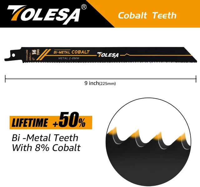 Alt view image 3 of 6 - Bi-Metal Reciprocating Saw Blades, 9" 14TPI, Heavy Metal, 25-Pack Bi-Metal with 8% Cobalt, 14TPI Precision-Set Teeth, 0.9mm Thin Wall, Cuts Sheet Metal, Pipes, Rebar