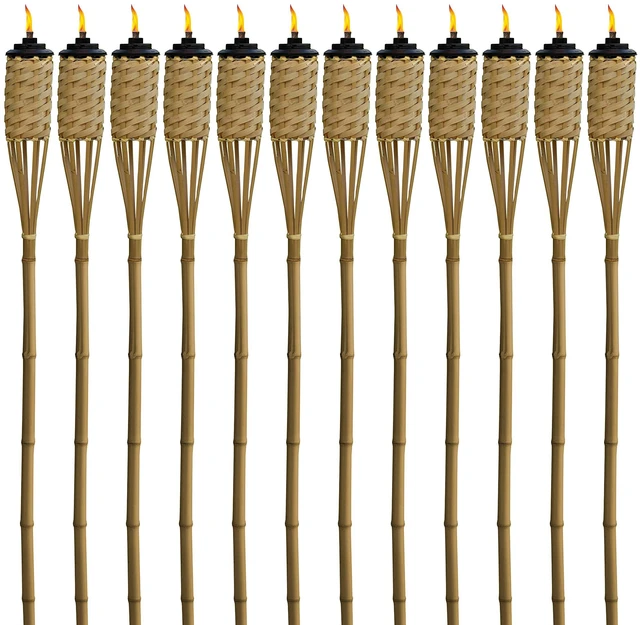 Main image of Bamboo Torches 12-Pack Weather-Resistant Outdoor Décor with Easy-Pour Wide-Mouth Canister Refill for Patio, Garden, Backyard, and Parties, 57-Inch Citronella Torches