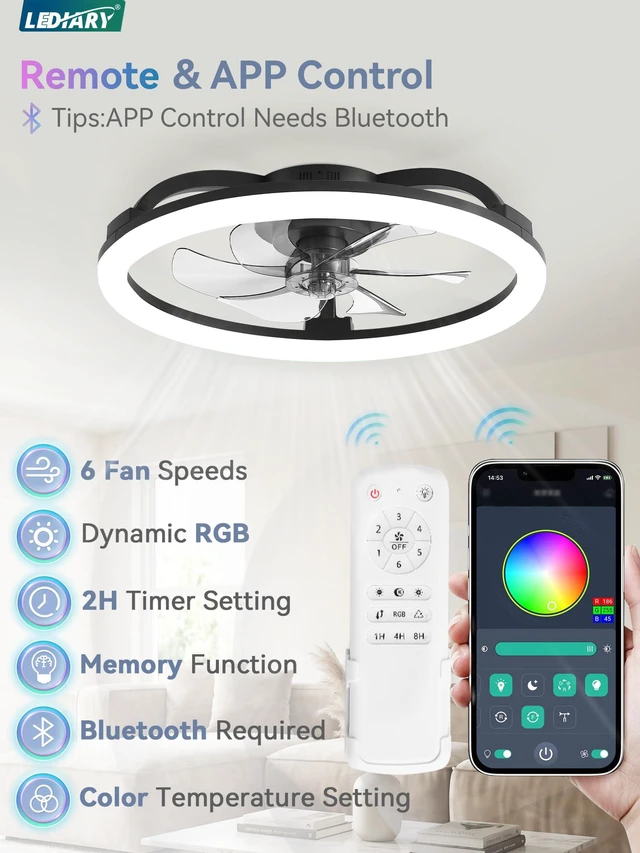 Alt view image 3 of 7 - 23" Ceiling Fans with Lights and Remote for Bedroom, Black RGB Low Profile Fan Light, 3000K-6000K Stepless Dimmable, 6 Speed, Reversible DC Motor, APP & Remote Control, Low Noice