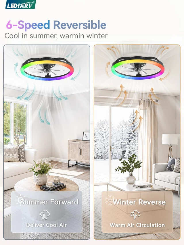 Alt view image 5 of 7 - 23" Ceiling Fans with Lights and Remote for Bedroom, Black RGB Low Profile Fan Light, 3000K-6000K Stepless Dimmable, 6 Speed, Reversible DC Motor, APP & Remote Control, Low Noice