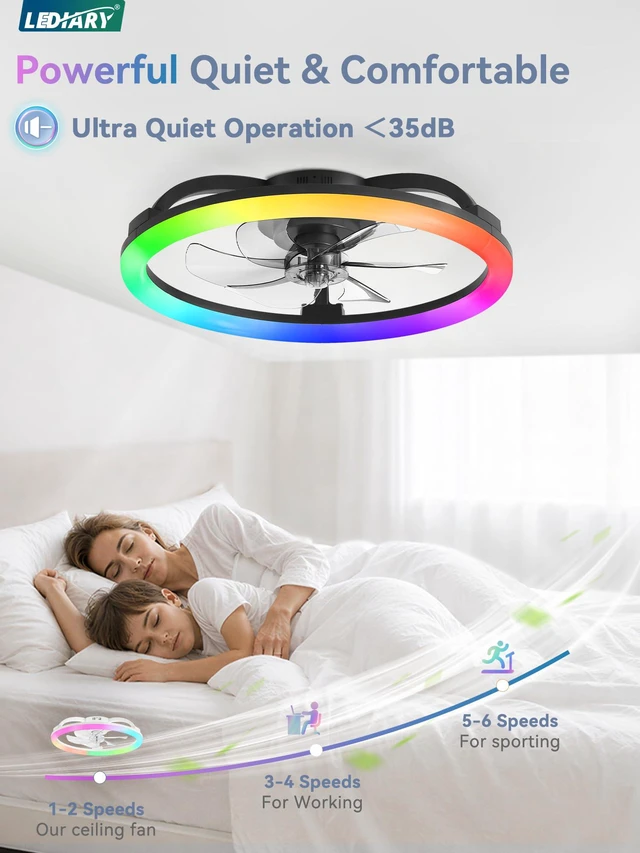 Alt view image 4 of 7 - 23" Ceiling Fans with Lights and Remote for Bedroom, Black RGB Low Profile Fan Light, 3000K-6000K Stepless Dimmable, 6 Speed, Reversible DC Motor, APP & Remote Control, Low Noice