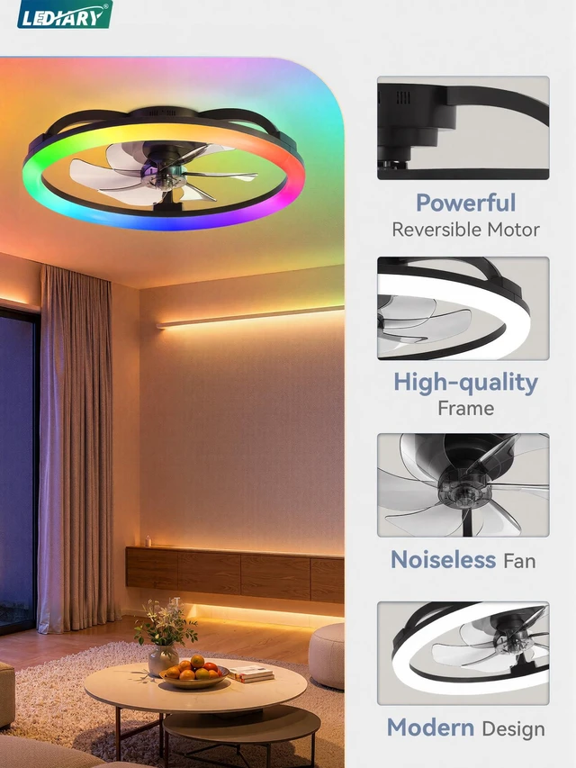 Alt view image 6 of 7 - 23" Ceiling Fans with Lights and Remote for Bedroom, Black RGB Low Profile Fan Light, 3000K-6000K Stepless Dimmable, 6 Speed, Reversible DC Motor, APP & Remote Control, Low Noice