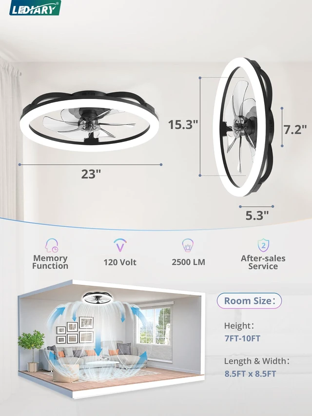 Alt view image 7 of 7 - 23" Ceiling Fans with Lights and Remote for Bedroom, Black RGB Low Profile Fan Light, 3000K-6000K Stepless Dimmable, 6 Speed, Reversible DC Motor, APP & Remote Control, Low Noice