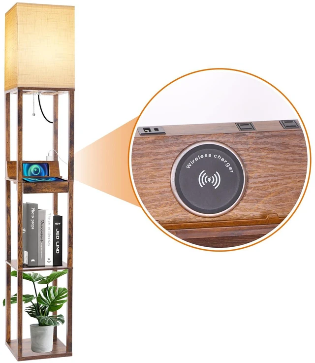 Alt view image 2 of 7 - Floor Lamp with Shelves, Shelf Floor Lamp with Wireless Charger & 2 Charging USB Ports & Drawer, AC Outlet, 3 Color Temperature Tall Standing Lamp with Bulb for Living Room, Bedroom, Office