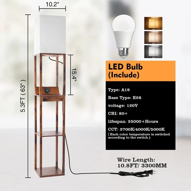 Alt view image 5 of 7 - Floor Lamp with Shelves, Shelf Floor Lamp with Wireless Charger & 2 Charging USB Ports & Drawer, AC Outlet, 3 Color Temperature Tall Standing Lamp with Bulb for Living Room, Bedroom, Office