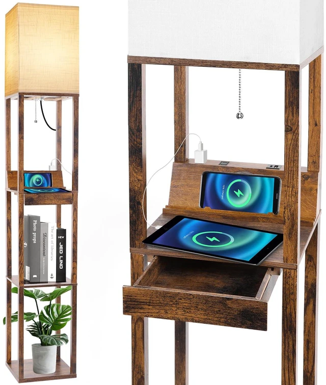 Main image of Floor Lamp with Shelves, Shelf Floor Lamp with Wireless Charger & 2 Charging USB Ports & Drawer, AC Outlet, 3 Color Temperature Tall Standing Lamp with Bulb for Living Room, Bedroom, Office