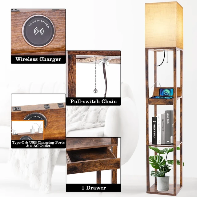 Alt view image 4 of 7 - Floor Lamp with Shelves, Shelf Floor Lamp with Wireless Charger & 2 Charging USB Ports & Drawer, AC Outlet, 3 Color Temperature Tall Standing Lamp with Bulb for Living Room, Bedroom, Office