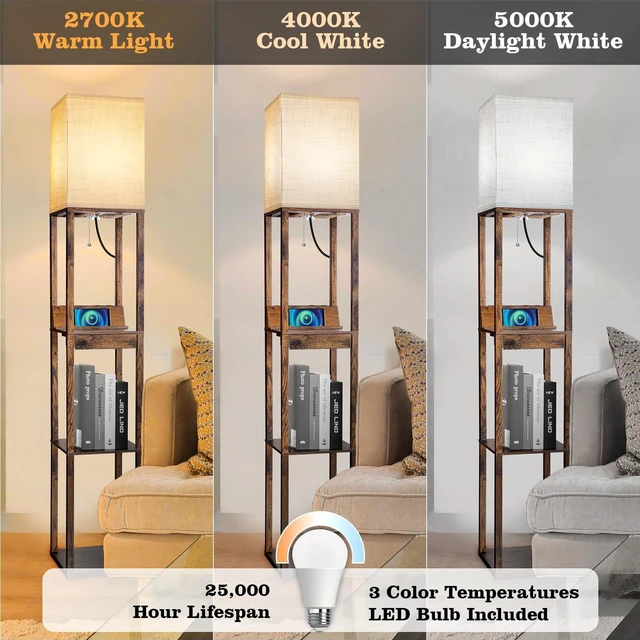 Alt view image 3 of 7 - Floor Lamp with Shelves, Shelf Floor Lamp with Wireless Charger & 2 Charging USB Ports & Drawer, AC Outlet, 3 Color Temperature Tall Standing Lamp with Bulb for Living Room, Bedroom, Office