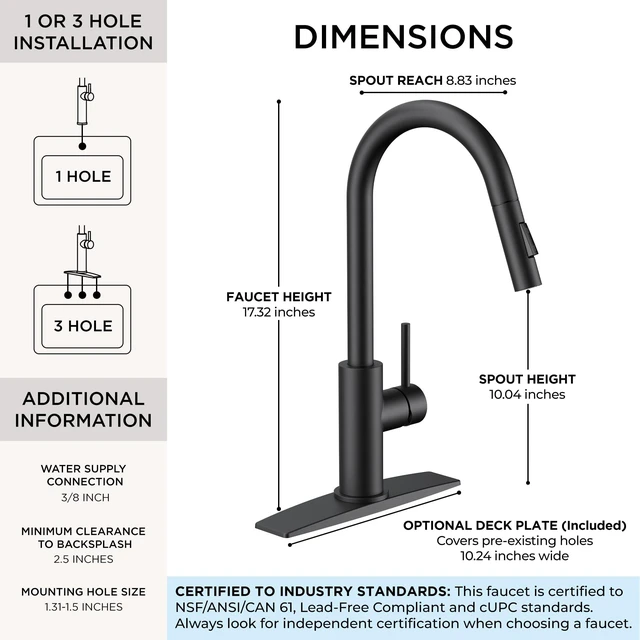 Alt view image 2 of 7 - Kitchen Faucet with Pull Down Sprayer, Black High Arc Gooseneck Lead-Free, Stainless Steel, Single Handle, Fits for 1 or 3 Hole Sink, Laundry, Farmhouse, Bar, Outdoor, Deck Plate Included