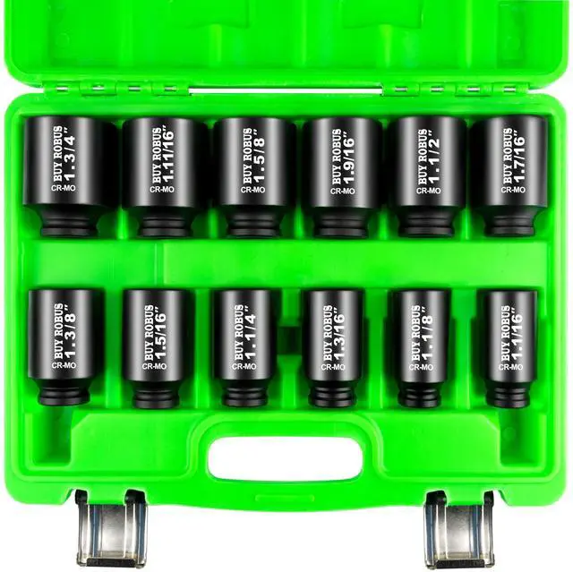 Main image of 1/2"12-Piece Extended Drive Impact Socket Set, Deep SAE Spindle Axle Nut Impact Socket Set, Cr-Mo, 1-1/16, 1-1/8, 1-3/16, 1-1/4, 1-5/16, 1-3/8, 1-7/16, 1-1/2, 1-9/16, 1-5/8, 1-11/16, 1-3/4 Socket