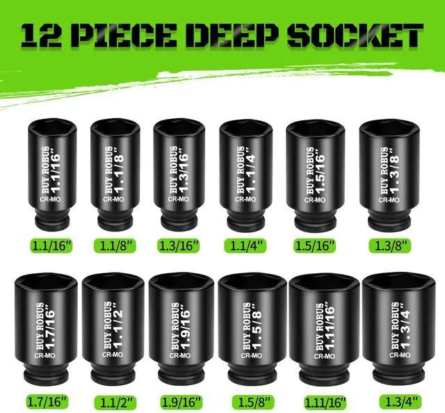 Alt view image 2 of 7 - 1/2"12-Piece Extended Drive Impact Socket Set, Deep SAE Spindle Axle Nut Impact Socket Set, Cr-Mo, 1-1/16, 1-1/8, 1-3/16, 1-1/4, 1-5/16, 1-3/8, 1-7/16, 1-1/2, 1-9/16, 1-5/8, 1-11/16, 1-3/4 Socket