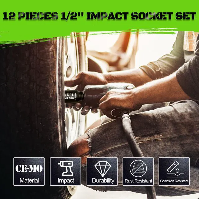 Alt view image 3 of 7 - 1/2"12-Piece Extended Drive Impact Socket Set, Deep SAE Spindle Axle Nut Impact Socket Set, Cr-Mo, 1-1/16, 1-1/8, 1-3/16, 1-1/4, 1-5/16, 1-3/8, 1-7/16, 1-1/2, 1-9/16, 1-5/8, 1-11/16, 1-3/4 Socket