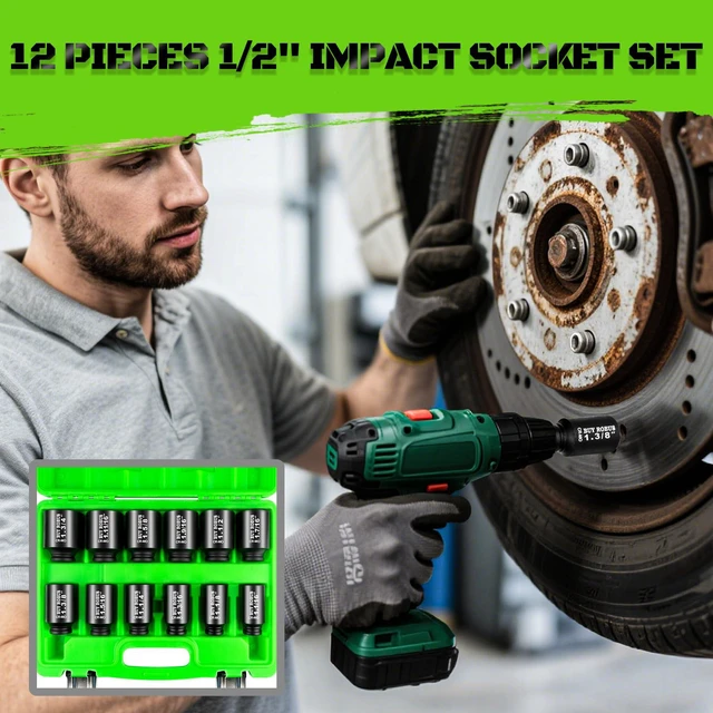 Alt view image 4 of 7 - 1/2"12-Piece Extended Drive Impact Socket Set, Deep SAE Spindle Axle Nut Impact Socket Set, Cr-Mo, 1-1/16, 1-1/8, 1-3/16, 1-1/4, 1-5/16, 1-3/8, 1-7/16, 1-1/2, 1-9/16, 1-5/8, 1-11/16, 1-3/4 Socket
