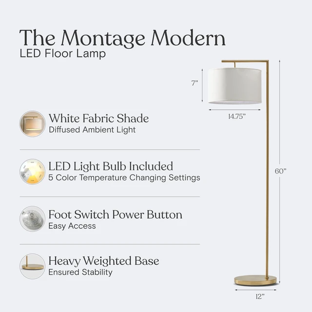 Alt view image 4 of 7 - Montage Modern Floor Lamp - LED Standing Lamp with Adjustable Color Changing Bulbs for Living Rooms & Offices - Tall Corner Bedroom Reading Light for Contemporary Home Decor - Antique Brass