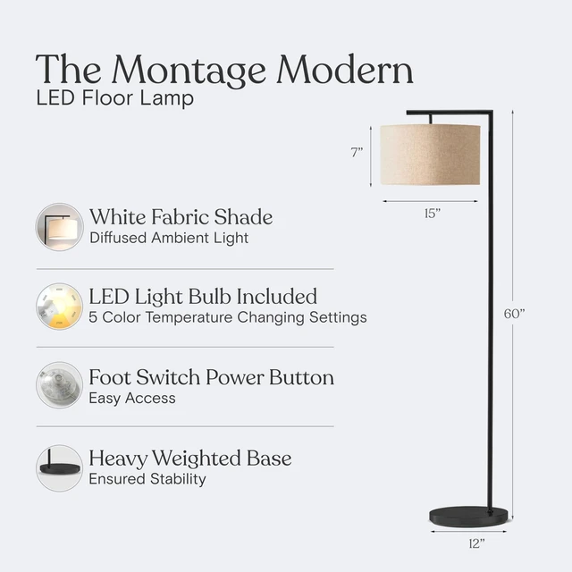 Alt view image 3 of 7 - Montage Modern Floor Lamp - LED Standing Lamp with Tan Shade for Living Rooms & Offices - Bedroom Reading Light - Tall Corner Pole Lamp for Contemporary Home Decor - Black