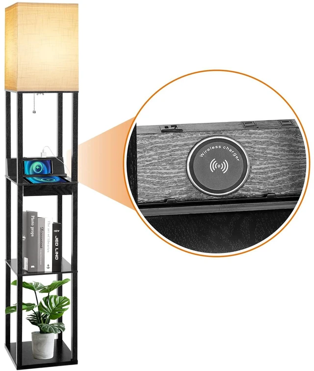 Alt view image 2 of 7 - Floor Lamp with Shelves, LED Shelf Floor Lamp with Wireless Charger & 2 Charging USB Ports & Drawer, AC Outlet, 3 Color Temperature Tall Standing Lamp with Bulb for Living Room, Bedroom, Office