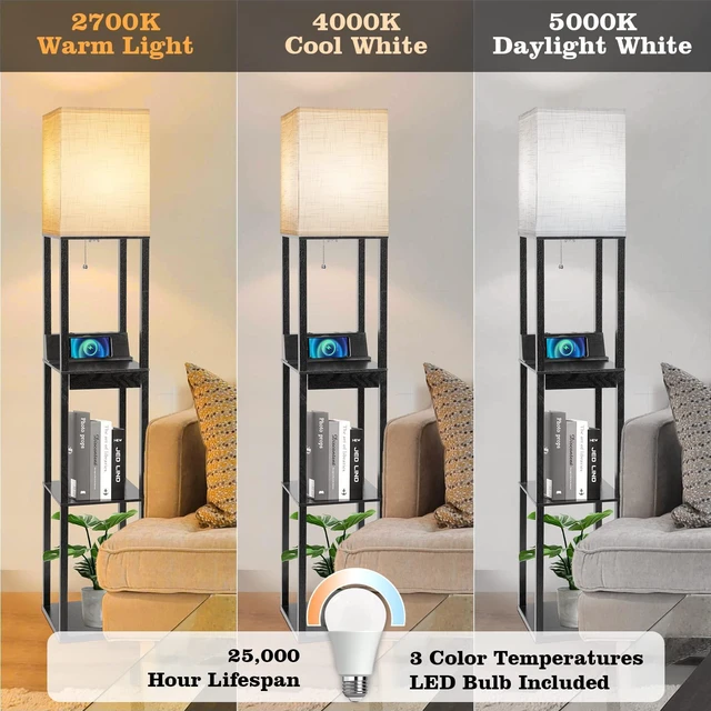 Alt view image 3 of 7 - Floor Lamp with Shelves, LED Shelf Floor Lamp with Wireless Charger & 2 Charging USB Ports & Drawer, AC Outlet, 3 Color Temperature Tall Standing Lamp with Bulb for Living Room, Bedroom, Office