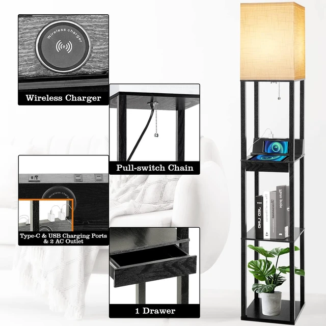 Alt view image 4 of 7 - Floor Lamp with Shelves, LED Shelf Floor Lamp with Wireless Charger & 2 Charging USB Ports & Drawer, AC Outlet, 3 Color Temperature Tall Standing Lamp with Bulb for Living Room, Bedroom, Office