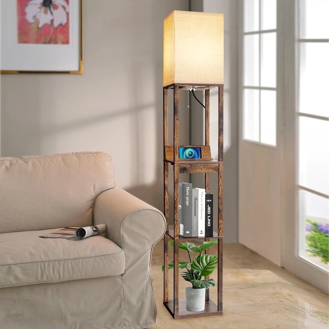 Alt view image 7 of 7 - Floor Lamp with Shelves, Shelf Floor Lamp with Wireless Charger & 2 Charging USB Ports & Drawer, AC Outlet, 3 Color Temperature Tall Standing Lamp with Bulb for Living Room, Bedroom, Office