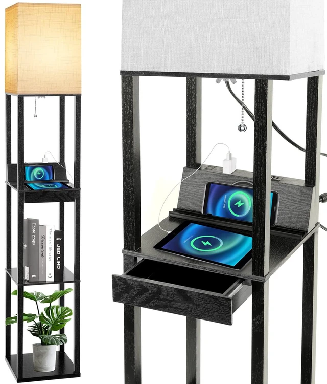 Main image of Floor Lamp with Shelves, LED Shelf Floor Lamp with Wireless Charger & 2 Charging USB Ports & Drawer, AC Outlet, 3 Color Temperature Tall Standing Lamp with Bulb for Living Room, Bedroom, Office