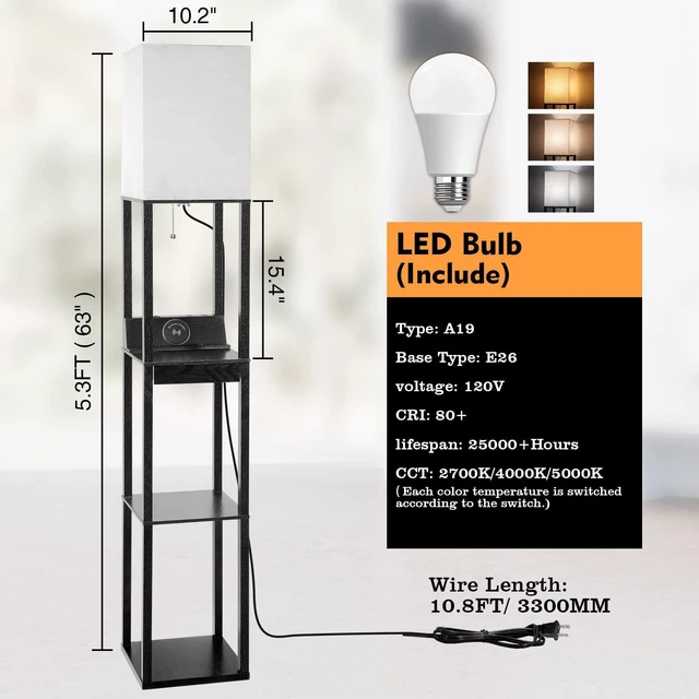 Alt view image 5 of 7 - Floor Lamp with Shelves, LED Shelf Floor Lamp with Wireless Charger & 2 Charging USB Ports & Drawer, AC Outlet, 3 Color Temperature Tall Standing Lamp with Bulb for Living Room, Bedroom, Office