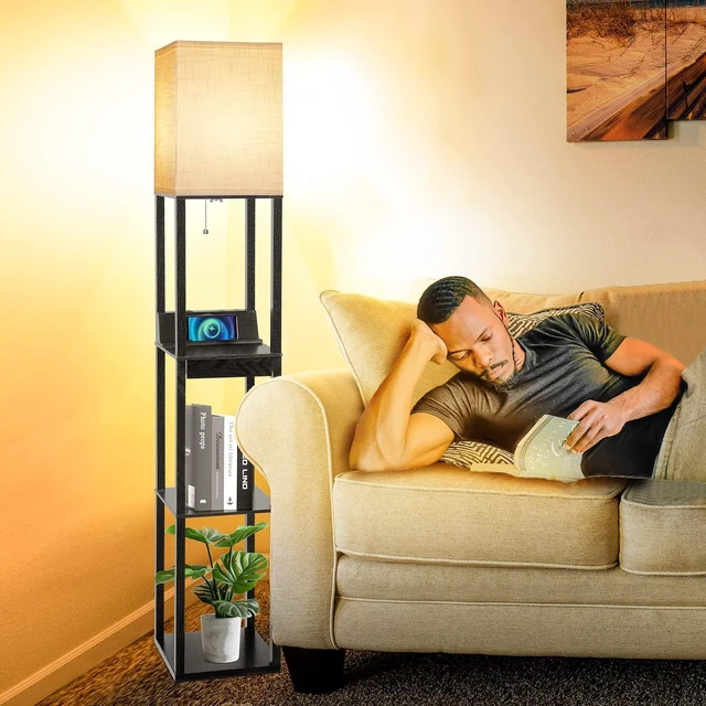 Alt view image 7 of 7 - Floor Lamp with Shelves, LED Shelf Floor Lamp with Wireless Charger & 2 Charging USB Ports & Drawer, AC Outlet, 3 Color Temperature Tall Standing Lamp with Bulb for Living Room, Bedroom, Office