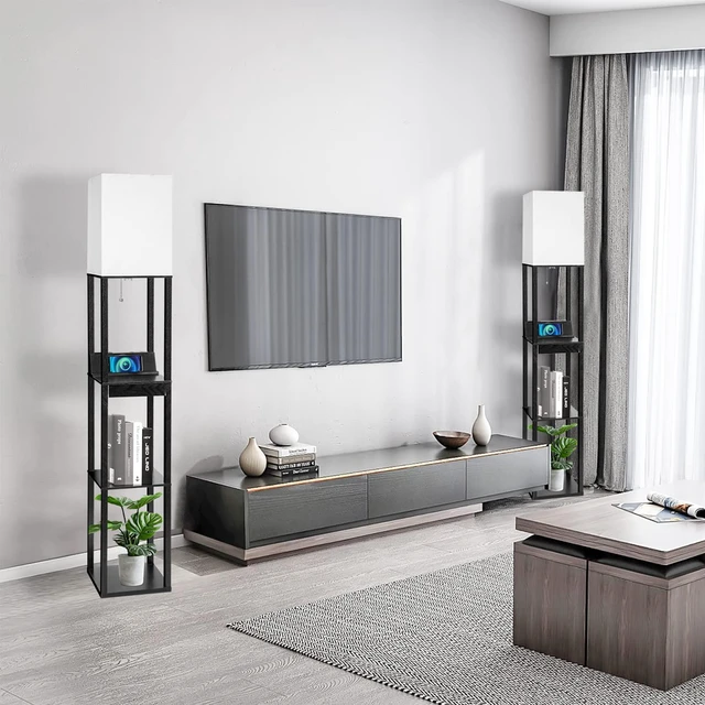 Alt view image 6 of 7 - Floor Lamp with Shelves, LED Shelf Floor Lamp with Wireless Charger & 2 Charging USB Ports & Drawer, AC Outlet, 3 Color Temperature Tall Standing Lamp with Bulb for Living Room, Bedroom, Office