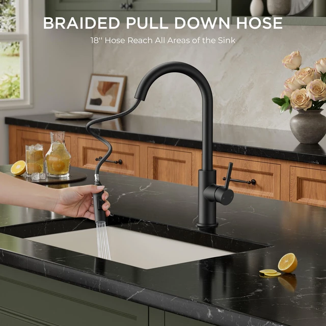 Alt view image 3 of 7 - Kitchen Faucet with Pull Down Sprayer, Black High Arc Gooseneck Lead-Free, Stainless Steel, Single Handle, Fits for 1 or 3 Hole Sink, Laundry, Farmhouse, Bar, Outdoor, Deck Plate Included