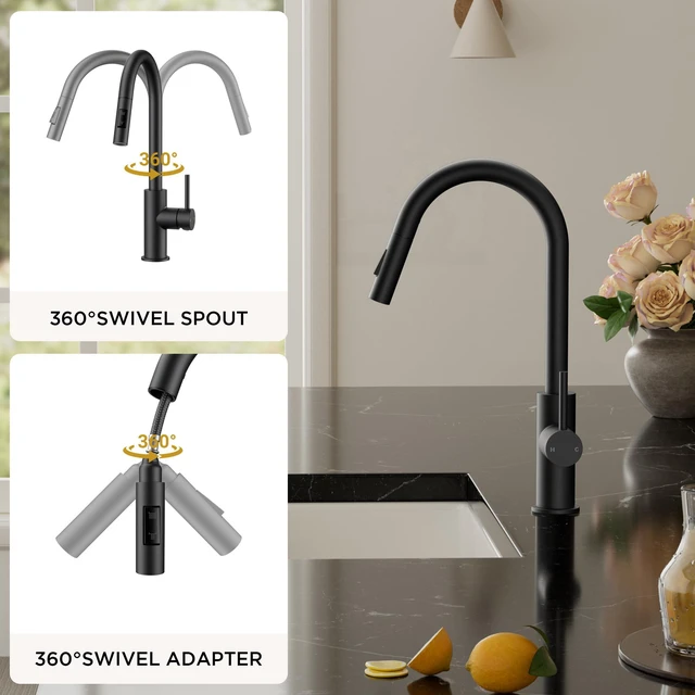 Alt view image 5 of 7 - Kitchen Faucet with Pull Down Sprayer, Black High Arc Gooseneck Lead-Free, Stainless Steel, Single Handle, Fits for 1 or 3 Hole Sink, Laundry, Farmhouse, Bar, Outdoor, Deck Plate Included