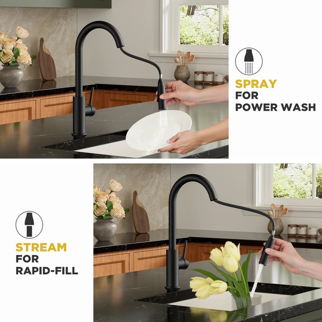 Alt view image 4 of 7 - Kitchen Faucet with Pull Down Sprayer, Black High Arc Gooseneck Lead-Free, Stainless Steel, Single Handle, Fits for 1 or 3 Hole Sink, Laundry, Farmhouse, Bar, Outdoor, Deck Plate Included