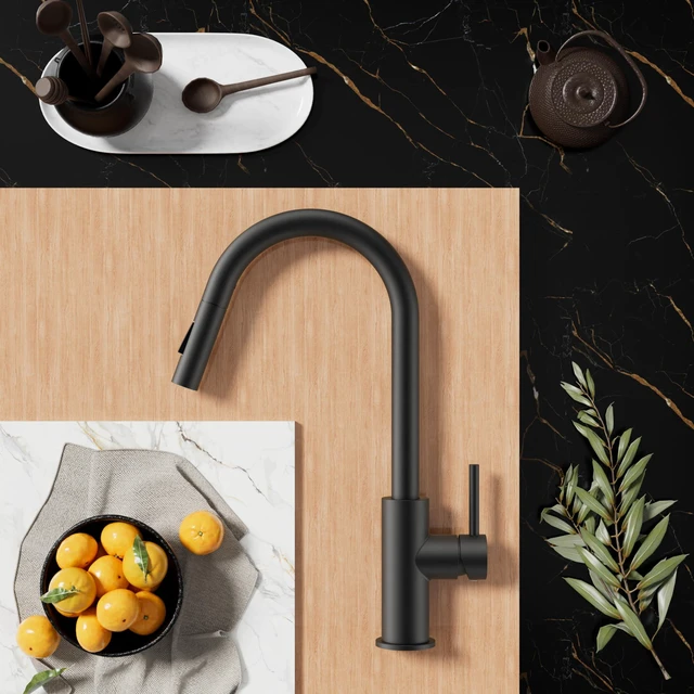 Alt view image 7 of 7 - Kitchen Faucet with Pull Down Sprayer, Black High Arc Gooseneck Lead-Free, Stainless Steel, Single Handle, Fits for 1 or 3 Hole Sink, Laundry, Farmhouse, Bar, Outdoor, Deck Plate Included