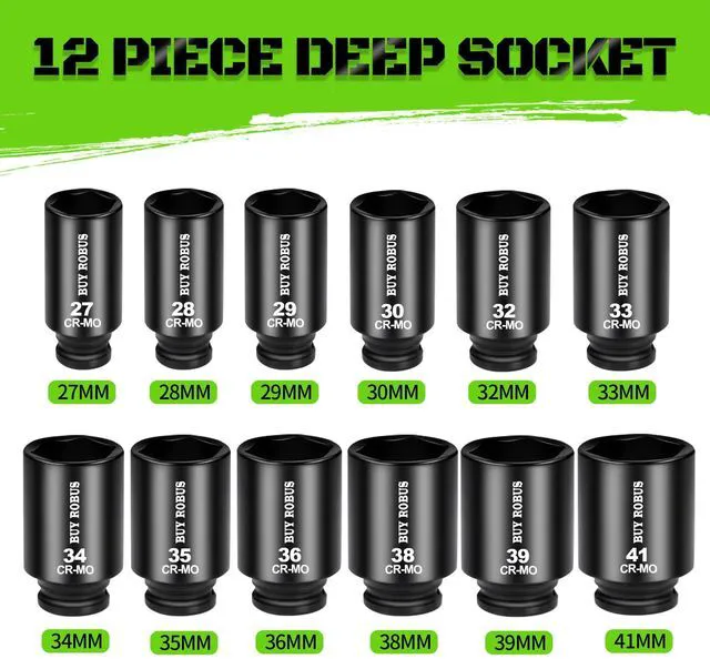 Alt view image 2 of 7 - 1/2 Inch Drive Deep Impact Socket Set,12 PCS Extended Socket Set, 6-Point Metric, Cr-Mo Steel